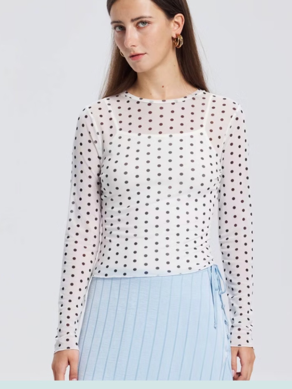 NWT Women's Long Sleeve Mesh Top - A New Day™ White Polka Dots S